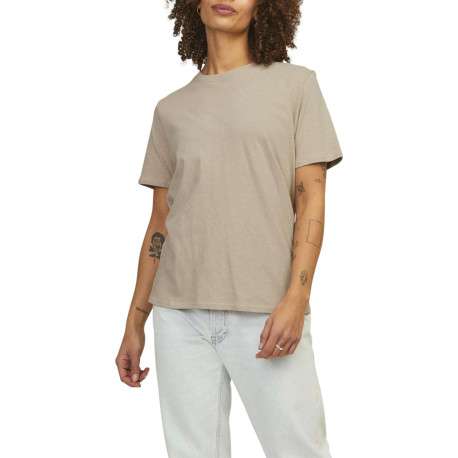 T-shirt en lin et coton beige uni avec une coupe droite et un col rond - Image 4