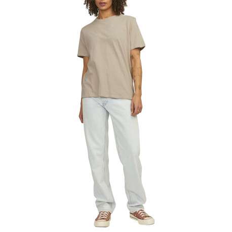 T-shirt en lin et coton beige uni avec une coupe droite et un col rond - Image 5