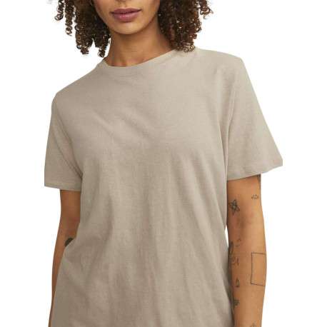 T-shirt en lin et coton beige uni avec une coupe droite et un col rond - Image 7