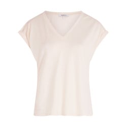 T-shirt écru uni à coupe ajustée, col v et à manches courtes brillant
