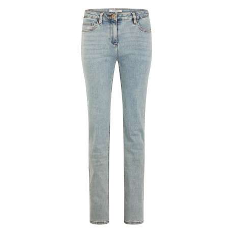 Jean bleu denim uni avec fermeture bouton et zip et poches plaquées