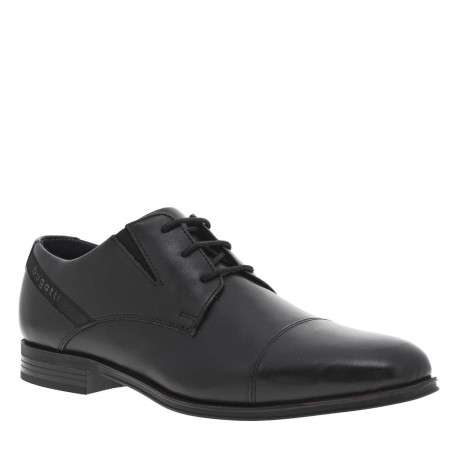Derbies en cuir noires à semelle noire à talon plat et à lacets ronds enduits - Image 3