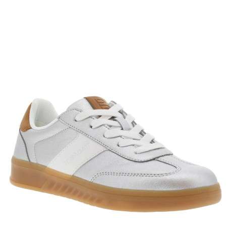 Tennis argent métallisées à talon plat et à lacets plats blancs avec marque - Image 3