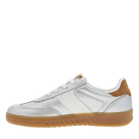 Tennis argent métallisées à talon plat et à lacets plats blancs avec marque