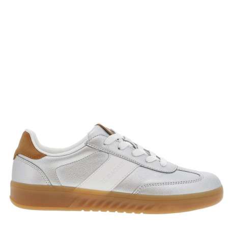 Tennis argent métallisées à talon plat et à lacets plats blancs avec marque - Image 2