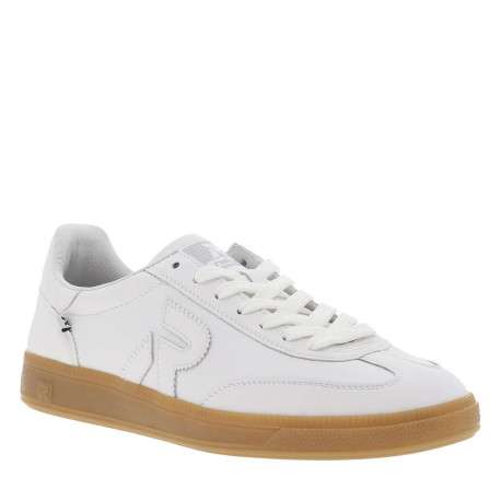 Tennis blanches en cuir à semelle plate marron avec lacets plats blancs - Image 3