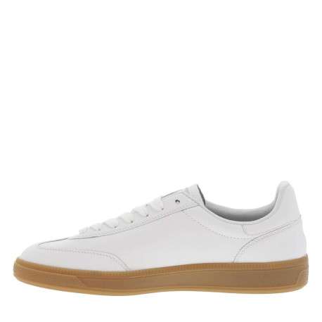 Tennis blanches en cuir à semelle plate marron avec lacets plats blancs