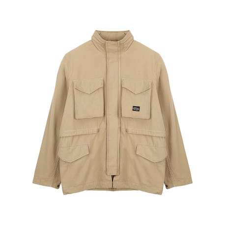 Blouson en coton beige uni à coupe ample avec un col montant
