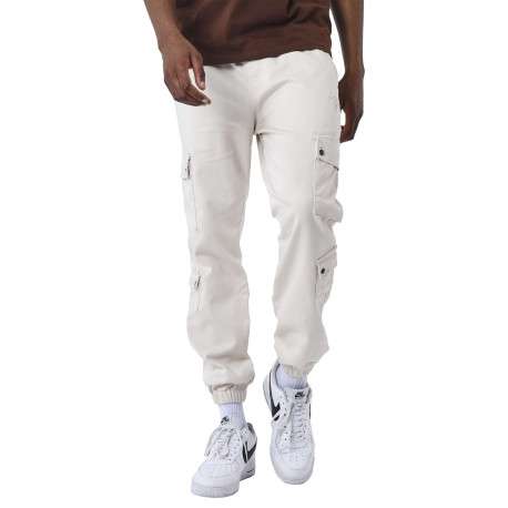 Pantalon Cargo écru uni à coupe slim avec 4 poches à rabat et logo brodé