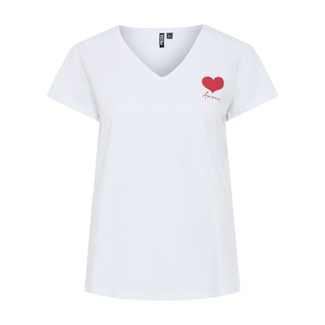 T-shirt en coton biologique blanc uni à col v avec un cœur imprimé à la poitrine