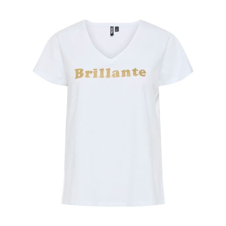 T-shirt en coton biologique blanc uni à col v avec une écriture pailletée 