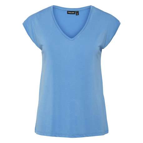 T-shirt bleu uni avec un col v une coupe droite et des manches très courtes