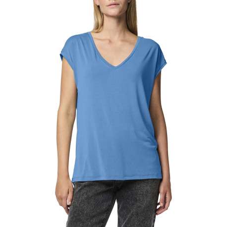 T-shirt bleu uni avec un col v une coupe droite et des manches très courtes - Image 3