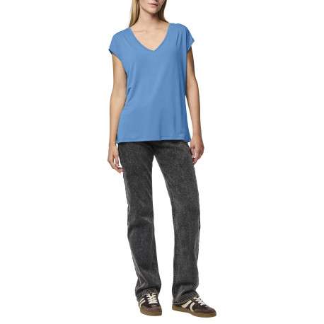 T-shirt bleu uni avec un col v une coupe droite et des manches très courtes - Image 4