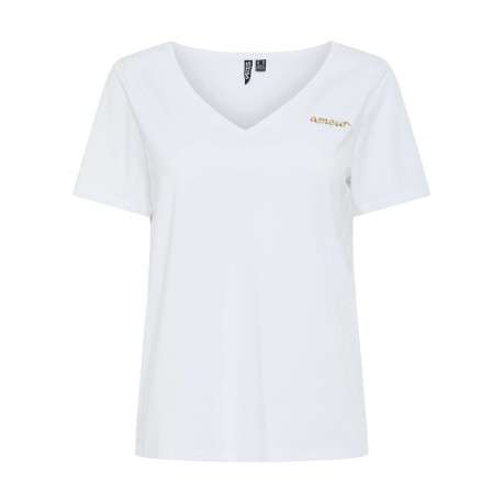 T-shirt en coton mélangé blanc uni à col v avec une petite écriture dorée