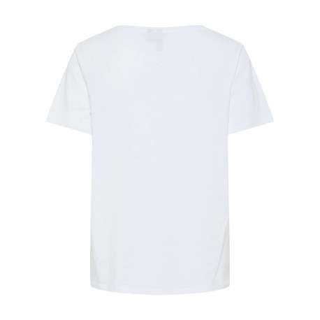 T-shirt en coton mélangé blanc uni à col v avec une petite écriture dorée - Image 2