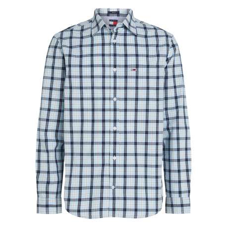 Chemise en coton régénératif ciel à carreaux et coupe droite avec col français