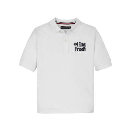 Polo en coton régénératif blanc imprimé au dos, coupe droite et col polo