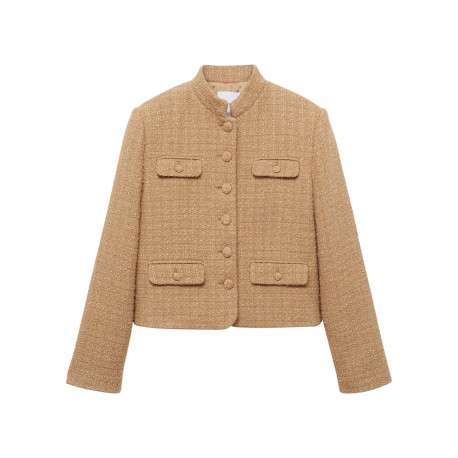 Blouson beige uni en tweed à coupe droite, col montant et boutons