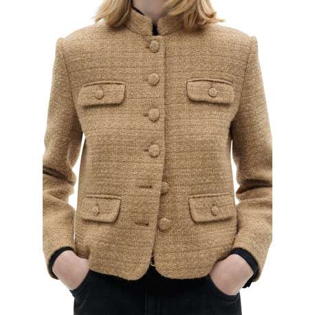 Blouson beige uni en tweed à coupe droite, col montant et boutons - Image 3