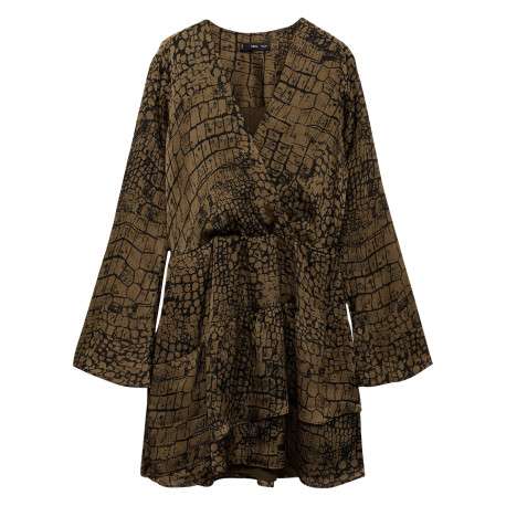 Robe courte brune à imprimé reptile ample et fluide à col v et manches longues