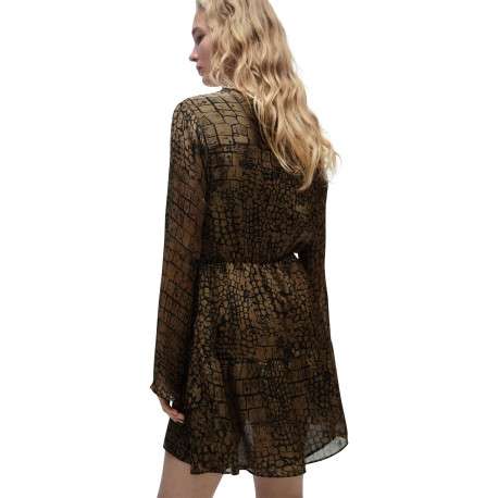 Robe courte brune à imprimé reptile ample et fluide à col v et manches longues - Image 2