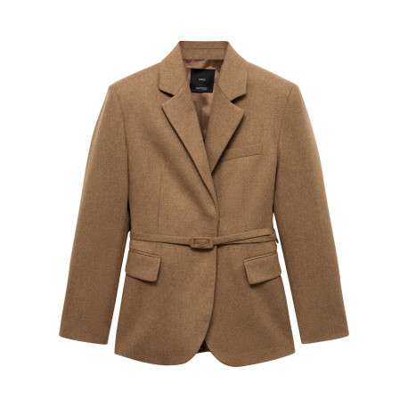 Blazer camel uni droit à col cranté et à manches longues avec ceinture