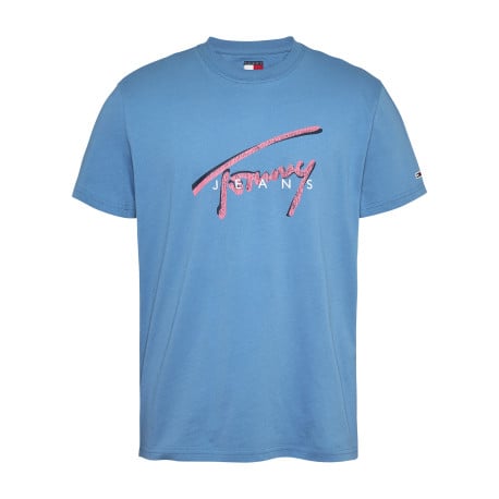 T-shirt en coton régénératif bleu à imprimé signature, coupe droite et col rond