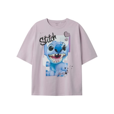 T-shirt en coton lilas à imprimé stitch, coupe droite et col rond
