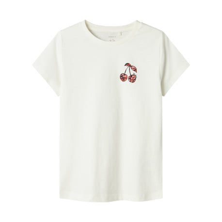 T-shirt en coton biologique blanc à imprimé cerise, droit avec un col rond