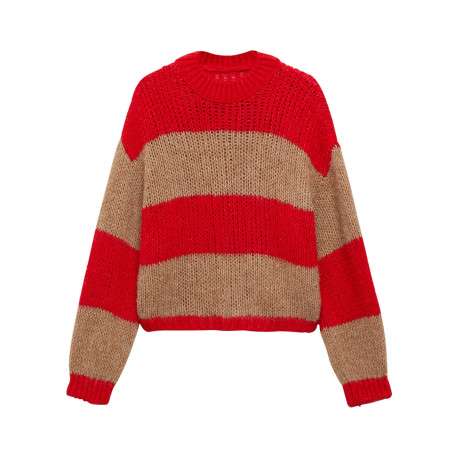 Pull rouge et beige rayé à coupe droite avec col rond et manches longues