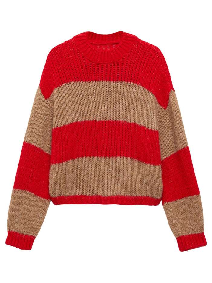 Pull rouge et beige rayé à...