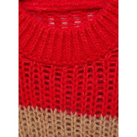 Pull rouge et beige rayé à coupe droite avec col rond et manches longues - Image 2
