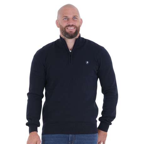 Sweat zippé en coton mélangé marine uni avec une coupe droite
