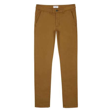 Chino en coton mélangé camel uni avec une coupe droite et des passants