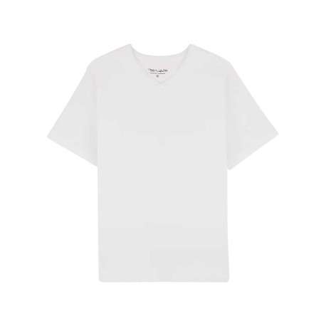 T-shirt en coton blanc uni avec une coupe droite et un col v
