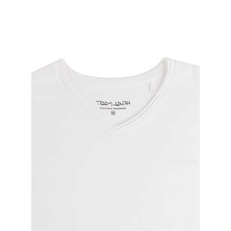 T-shirt en coton blanc uni avec une coupe droite et un col v - Image 3