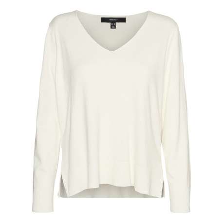 Pull écru uni avec une coupe droite à col v et des manches longues