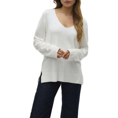 Pull écru uni avec une coupe droite à col v et des manches longues - Image 2