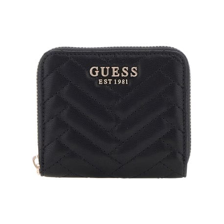 Porte-monnaie noir uni effet matelassé avec fermeture zippée et marque dorée