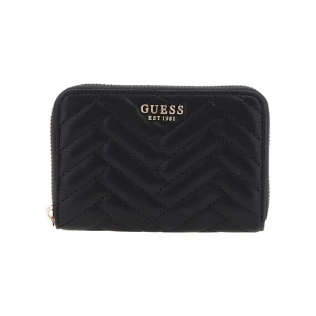 Portefeuille noir uni d'aspect matelassé, fermeture zippée et marque à l'avant