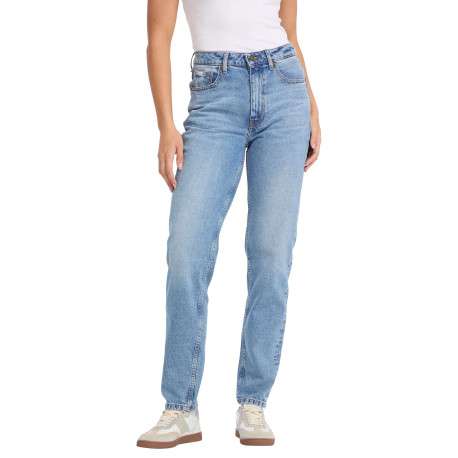 Jean Gj G06 Mom bleu uni avec fermeture zippée, bouton et poches avant