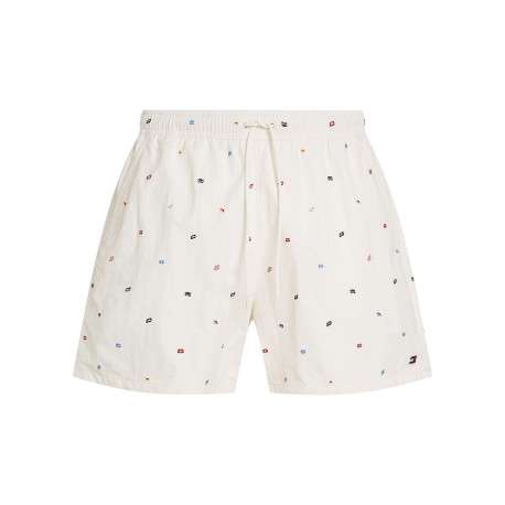 Short de bain écru brodé de drapeaux all-over et taille élastiquée