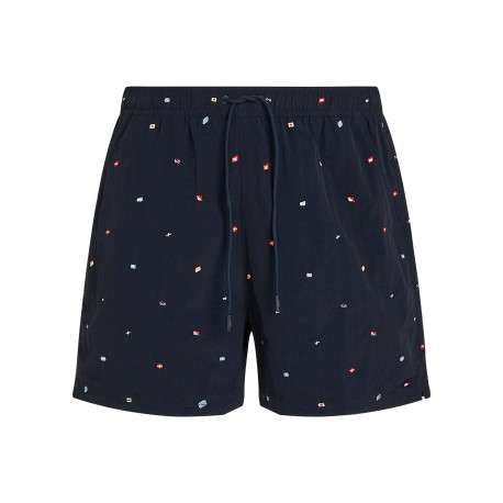 Short de bain marine avec drapeaux brodés all-over et taille élastiquée