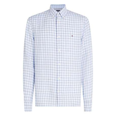 Chemise en lin ciel vichy à coupe droite, col américain et manches longues