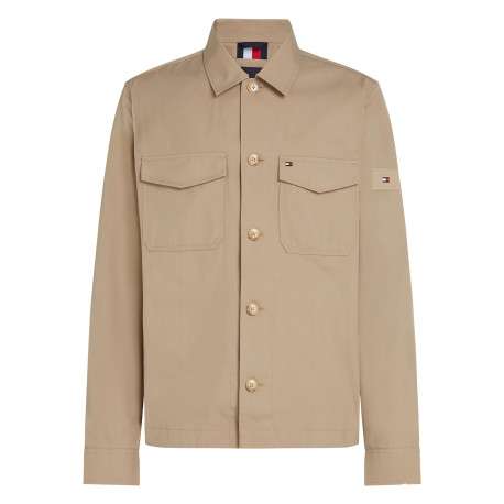 Surchemise en coton mélangé beige unie droite à col à revers et poches