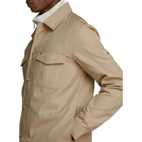 Surchemise en coton mélangé beige unie droite à col à revers et poches - Image 3