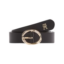 Ceinture en cuir noire unie lisse avec boucle dorée à double ovale et monogramme