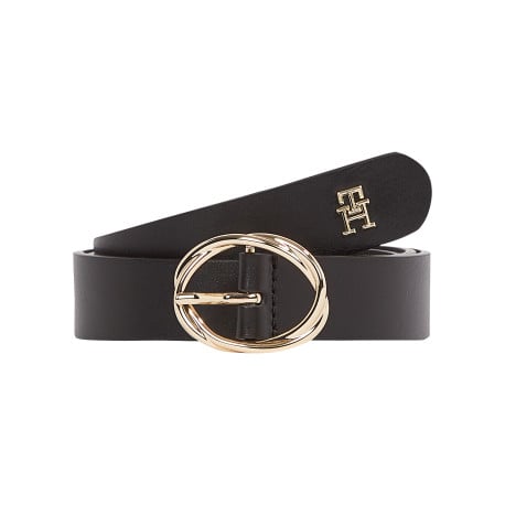 Ceinture en cuir noire unie lisse avec boucle dorée à double ovale et monogramme