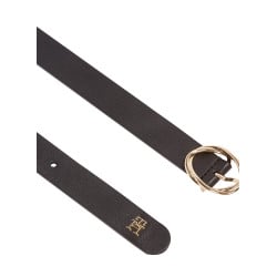 Ceinture en cuir noire unie lisse avec boucle dorée à double ovale et monogramme